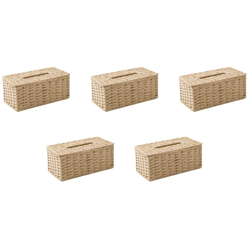 

5X Rattan Tissue Box, Vintage Napkin Holder, Case Clutter Storage Container Cover, Living Room Desk Decoration (Beige)