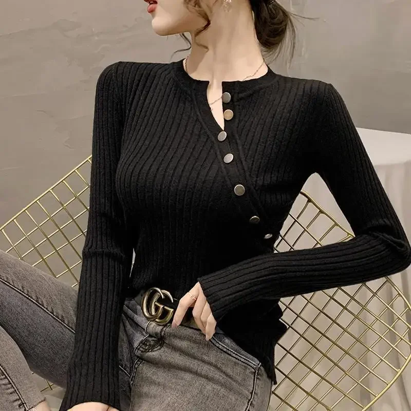 

Fashion O-Neck Spliced Button Korean Blouse Women's Clothing 2024 Autumn New Casual Pullovers All-match Office Lady Shirt A59