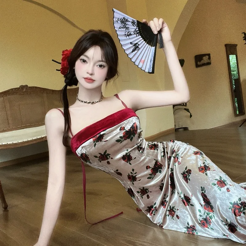 New Chinese Sle Sexy Print Gold Velvet Patchwork Strapl Bodycon Dr Slimming Fit Commute Wind Autumn Season ex