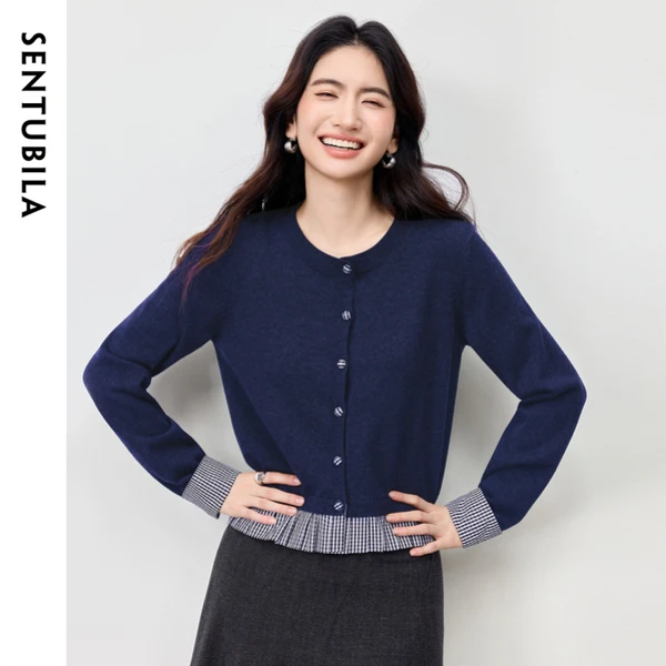 SENTUBILA 여성용 모크 투피스 가디건 2025 가을 O넥 배색 체크 스웨터 출퇴근 캐주얼 니트 탑 W54EB4066