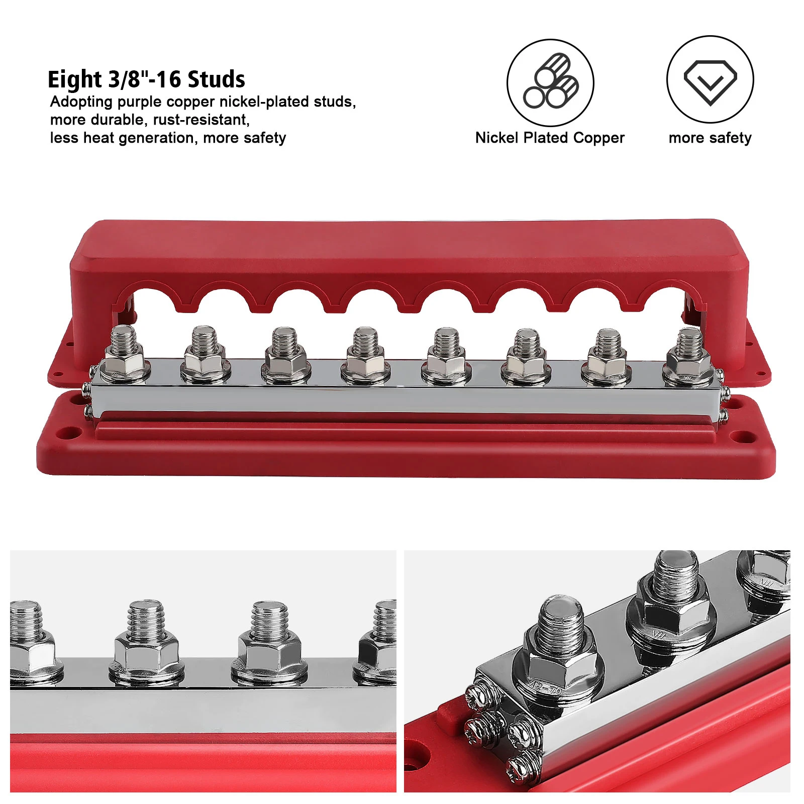 8 Post Power Distribution Block M10 with Cover Heavy Duty 24V 600 Amp Rating Bus Bar Pair for Automotive RV Vehicles Truck Boat