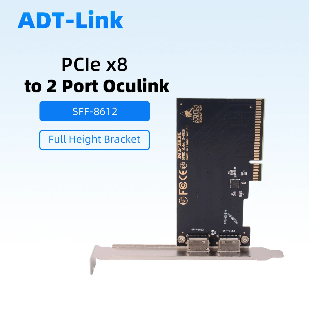 

PCIe 3.0 / 4.0 X16 To 2-port Oculink SFF-8612 X4 4i Adapter Card , PCI-e X8 To 2-port Oculink SFF-8612 with Baffle