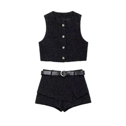 BMURHMZA autumn new women's clothing temperament round neck sleeveless textured tweed vest with belt shorts set