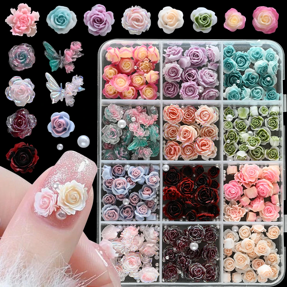 

12 Grids/Box Resin Rose Camellia Flower Nail Charms Red Pink Blue 3D FlatBack Glitter Butterfly Nail Rhinestone Manicure Decorat