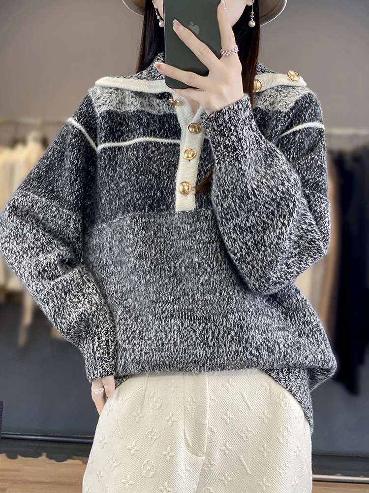 Cashmere Sweater Women\' Lapel Knitted Pullover Fashion Color Matching Large Size Tops Thicken High Neck Female Jacket Base Shirt