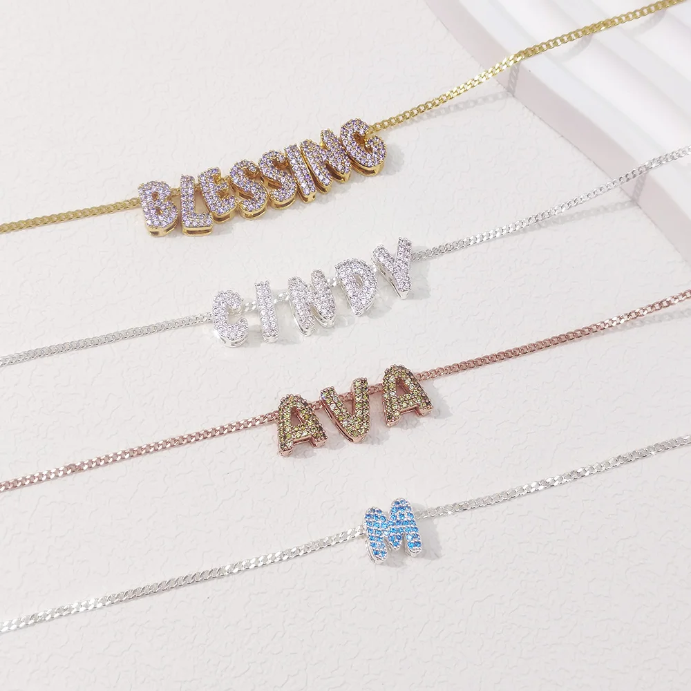 2024 Movable Paving Colorful Zircon Initial Letter Name Pendant Mini 3D Bubble Letter Necklace Personalized Jewelry Gift for Her