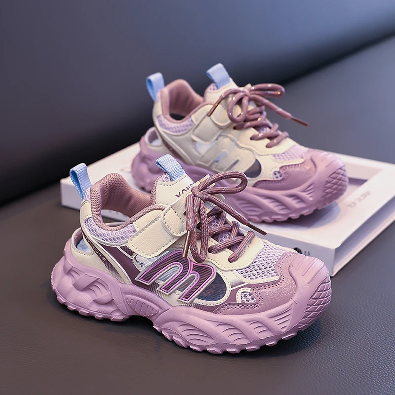 Kids Closed-Toe Sport Sandals, Purple Breathable Mesh Summer Shoes for Girls, Non-Slip Summer Designer Chunky Sneakers for Girls