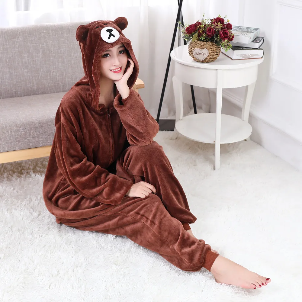 XXL Size Coffee Bear Onesie For Adults Animal Kigurumi Cosplay Costumes Flannel One piece Pyjamas Halloween Carnival Party Wear