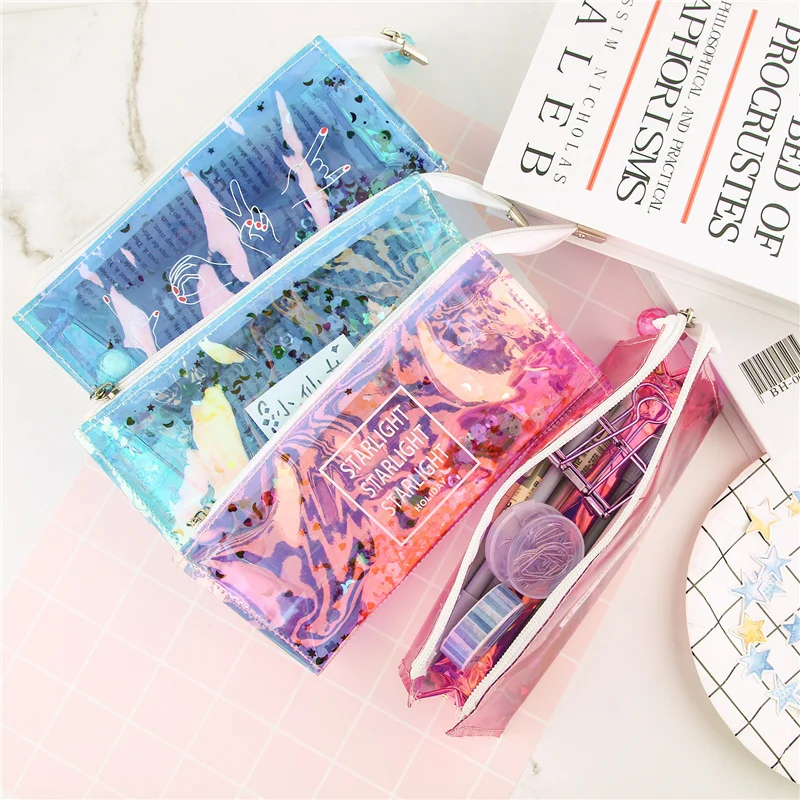 Laser quicksand colorful PVC pencil bag girl cute pencil case school supplies storage bag student large capacity stationery bag