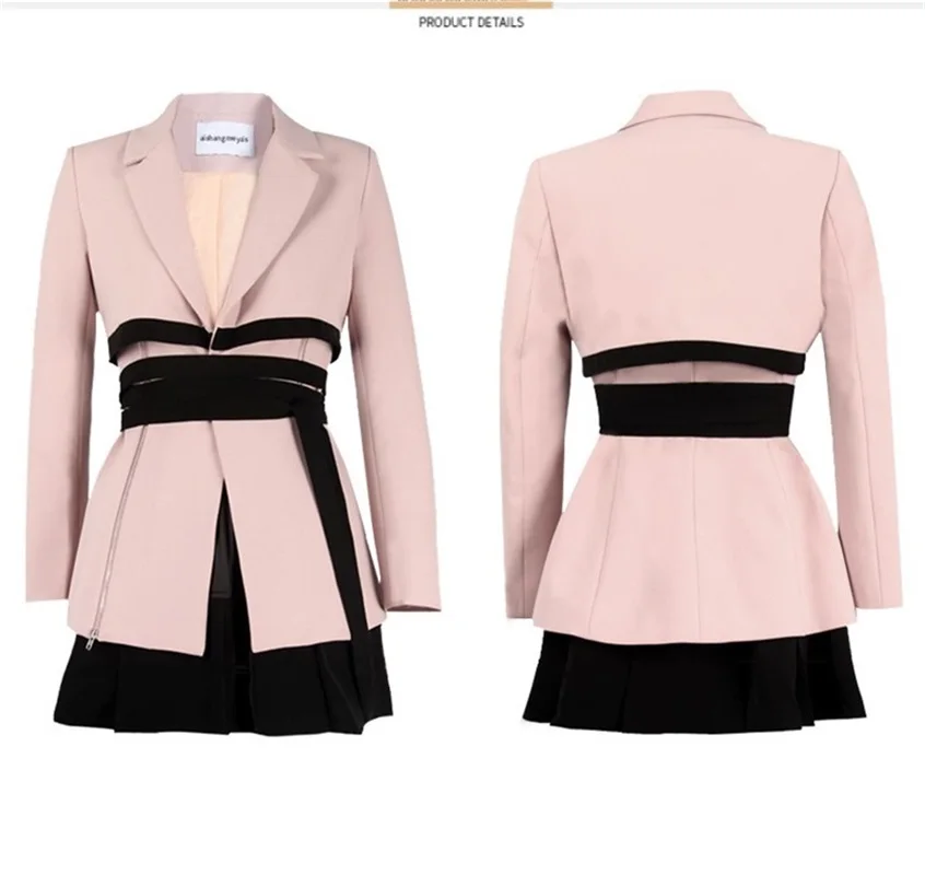 Conjunto de trajes de falda rosa para mujer, Blazer elegante + Mini vestido de graduación negro con cinturón, chaqueta Formal de oficina de negocios para mujer, en Stock