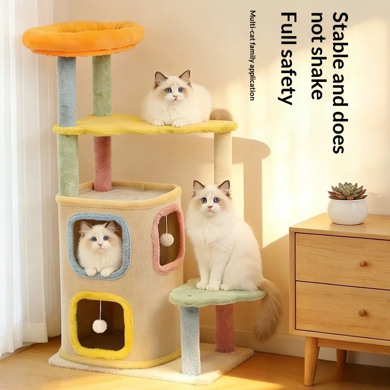 Cat Tower Winter Plush Cat Tree Macaron Colors Cat Condo Sisal Scratching Post Cozy Cat Bed Climbing Tower Kitten Play Center