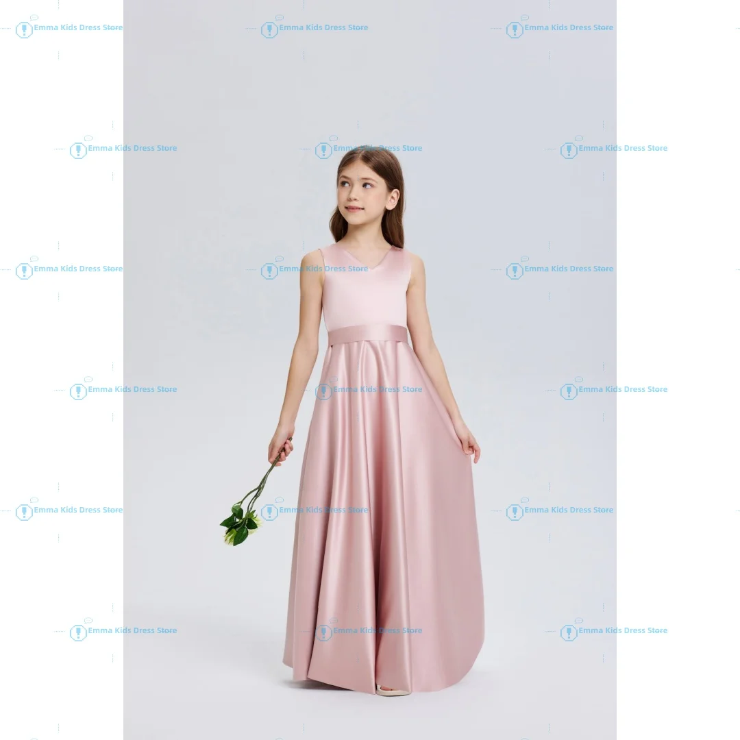 Custom Dusty Pink Satin Flower Girl Dress V Neck Sleeveless A Line Long Gown Wedding Bridesmaid Party Recital