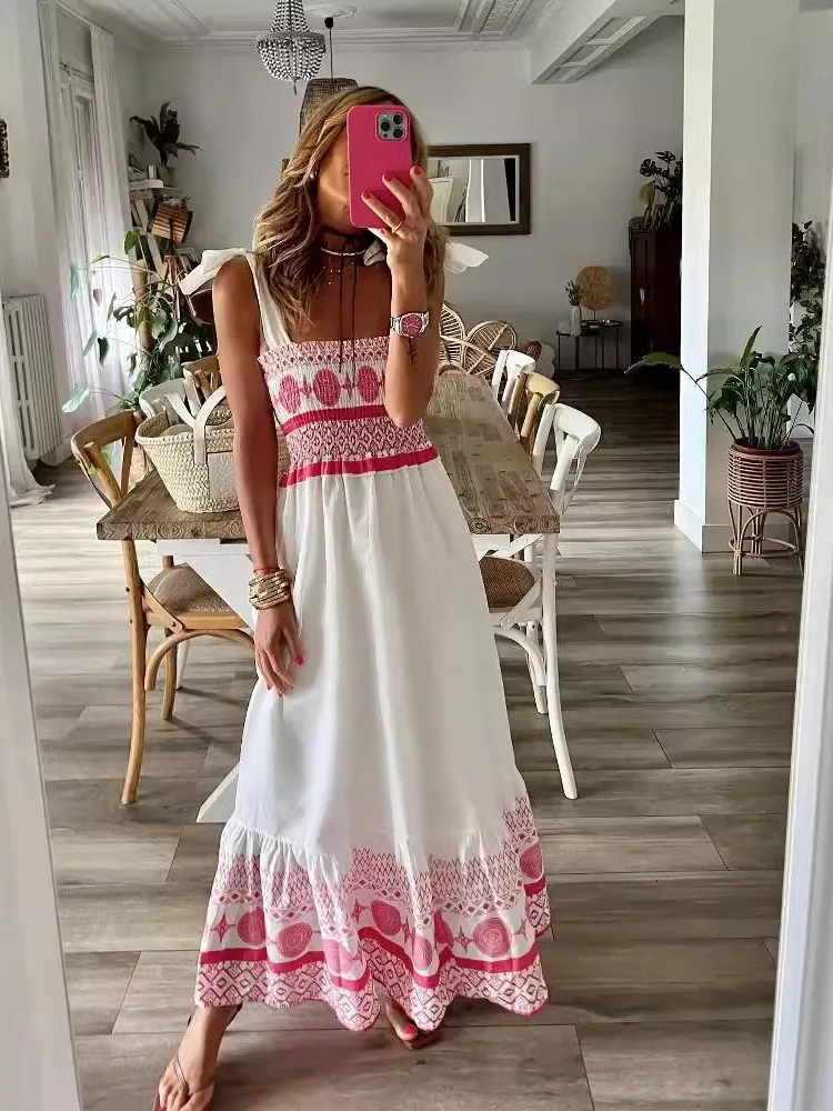 

2025 Summer New Arrival Women's Dress Lace Up Print Sweet Elastic Bohemian Elegant Fashion Beach Resort Style Dress Long Dress