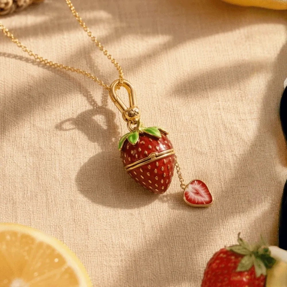 Openable Locket Pendant Necklace Lemon Strawberry Glazed Fruit Choker Metal Chain Charm Opening and Closing Lid Clavicle Chain