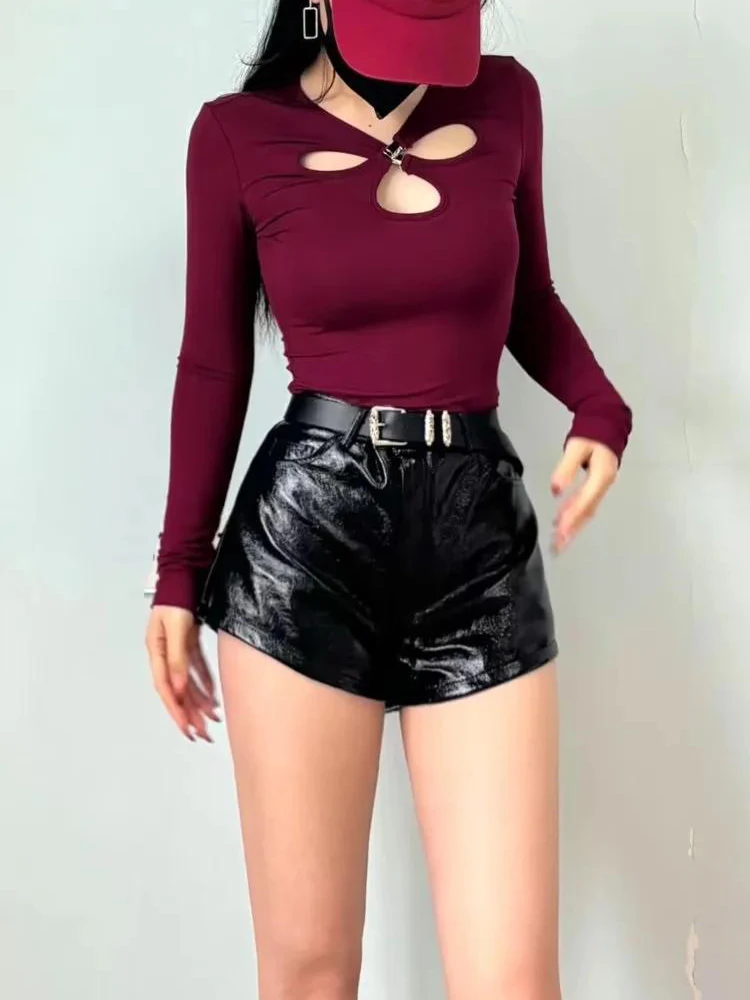 Сексуальные футболки с вырезами и пряжкой, женские футболки с длинным рукавом, тонкие эластичные однотонные Топы