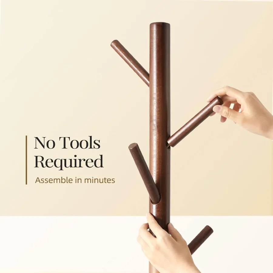 Sturdy Wooden Coat Tree with 8 Hooks and 3 Adjustable Height Settings Ideal for Organizing Clothes Hats and Accessories in Bedr