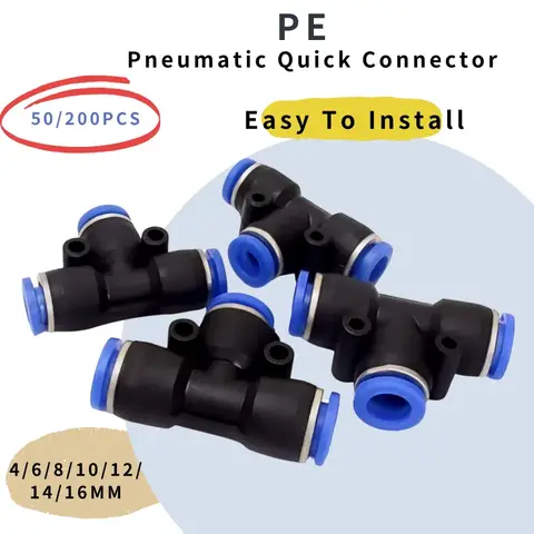 50/200 PCS PE 공압 피팅 4/6/8/10/12/14/16mm 빠른 연결 슬립 잠금 티, 3 방향 플라스틱 공기 물 호스 튜브 커넥터