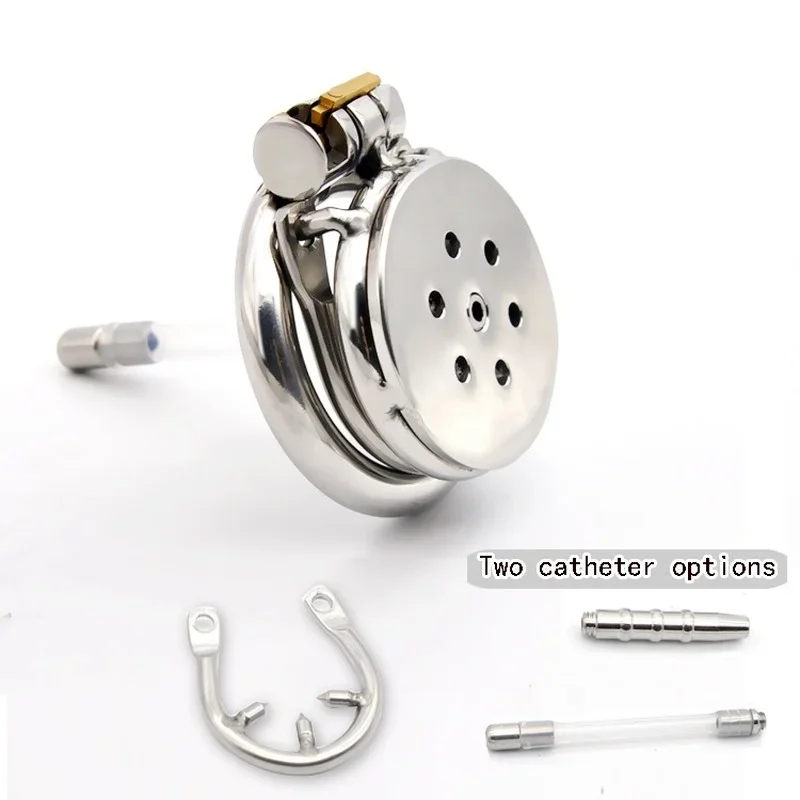 Super Short Metal Chastity Device with Big / Small Plate Cage Urethral Tube Spiked Ring Penis Ring Chastity Belt Sex Toy for Men