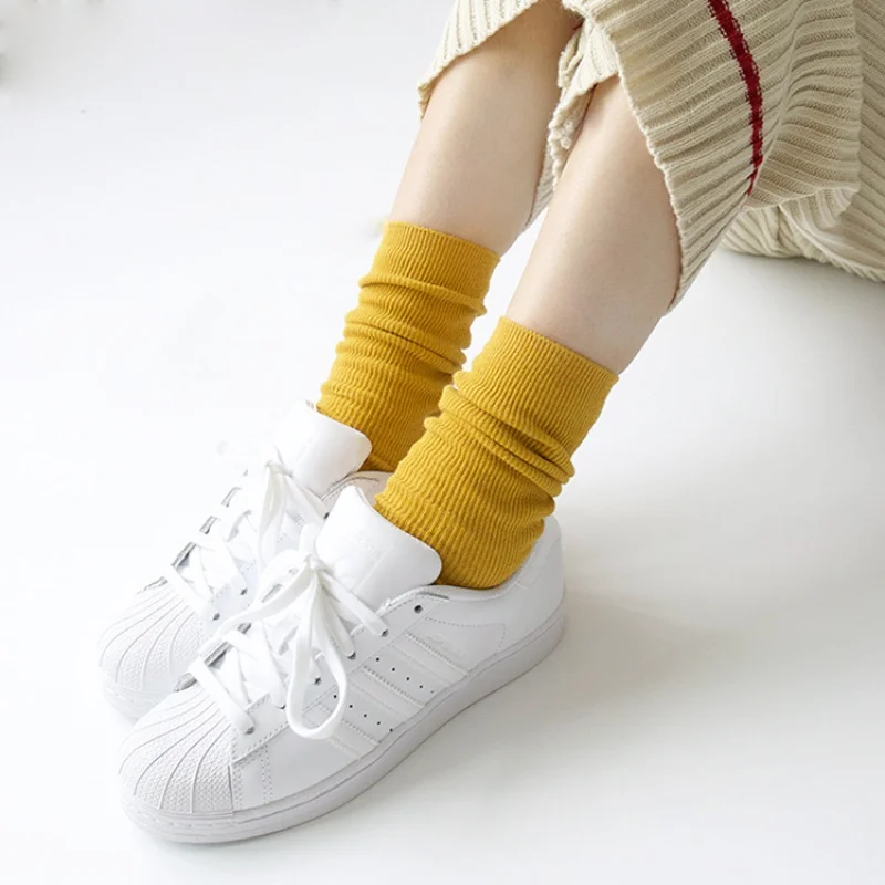 Cotton Socks Japanese-Style Retro Double Needle Bunching Socks Ladies Autumn and Winter Solid Color Tube Socks Knee Length Socks