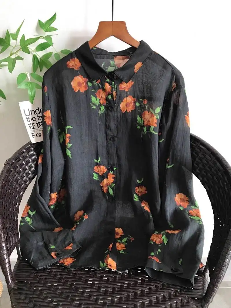 

Vintage linen woman clothing 100% ramie black print shirts and blouses for women autumn long sleeve tops