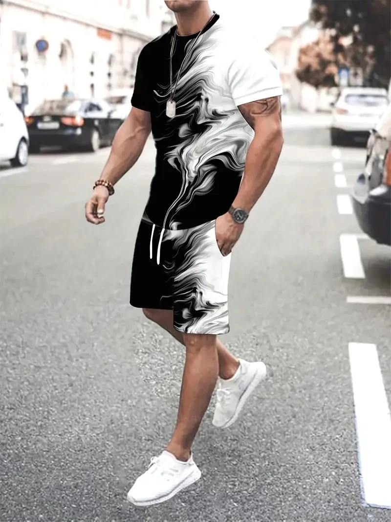 

Summer Contrast Color Short Sleeve and Shorts 2-piece Set Men's Clothing Quick Drying Sports T-shirt Elastic Waist Shorts Set