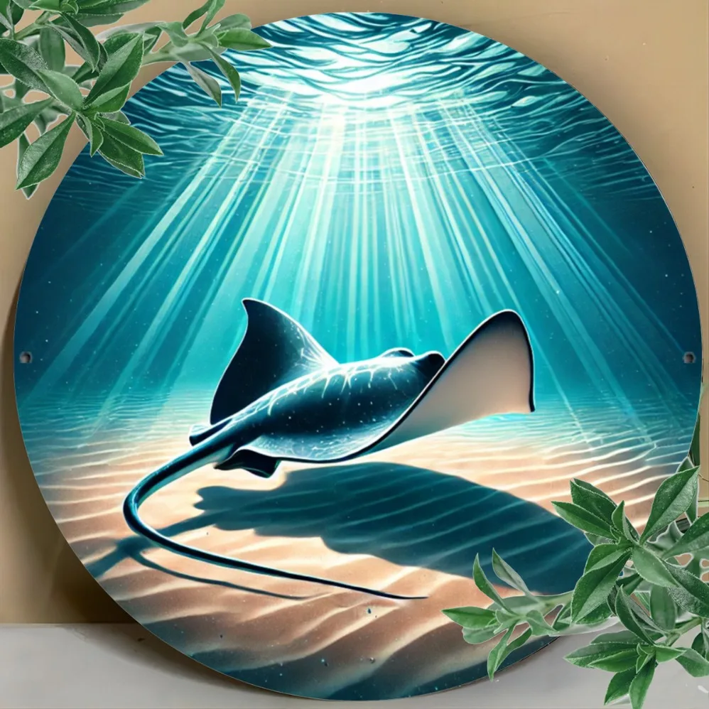 Rundes Metall-Blechschild mit Manta-Ray-Motiv – Marine Life, runde Blech-Wandkunst |   Blechschild aus Eisen für Zimmer, Veranda, Küche