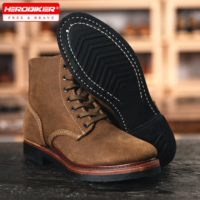 

Retro Men Cowhide Motorcycle Boots High Top Motorbike Boots Durable Goodyear-Welted Moto Boots Wear-resistant Walking Shoes