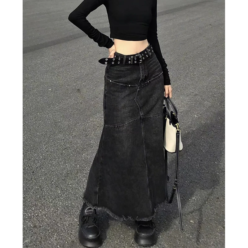 

MEXZT Y2K Denim Skirts Women Tassel Midi A Line Skirt Jeans Vintage Streetwear Korean High Waist Raw Edge Slim Mermaid Skirt New