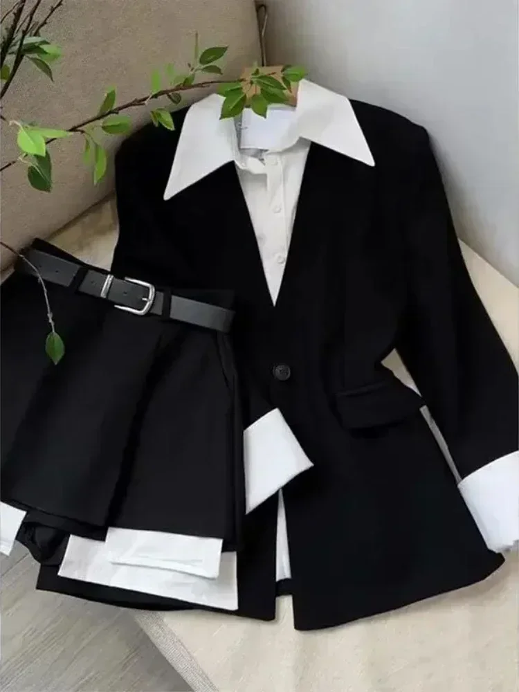 Summer 2024 New Fake Two Piece Suit Jacket Top Half Skirt Shorts Wide Leg Short Pants Two Piece Set Y2k Black Blazers Shirts