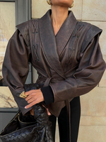 Women Leather Bomber Jackets Coats With Belt Notched Shoulder Pads Motorcycle Street Chic Short Outwear Fashion Solid Lace Up