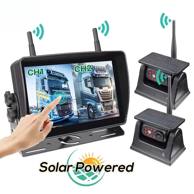 Wireless 7 inch Touch Screen DVR Recorder Monitor With Solar Energy Reverse Backup Rear View Camera For Truck/RV/Trailer