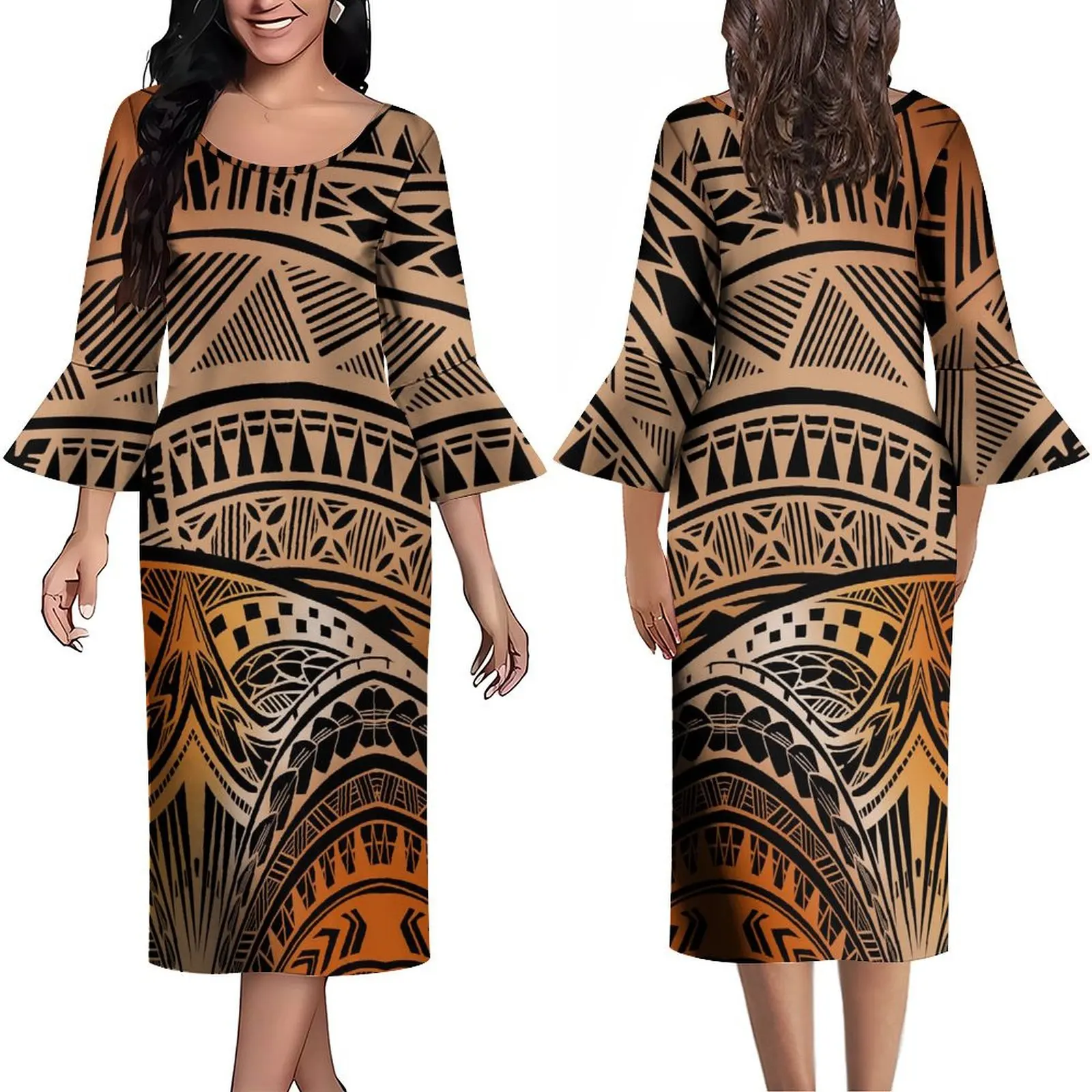 

Samoan Island Style Custom Summer Crew-Neck Long Sleeve Ruffled Cuff Design Polynesian Ladies Maxi Dress High Quality Dress