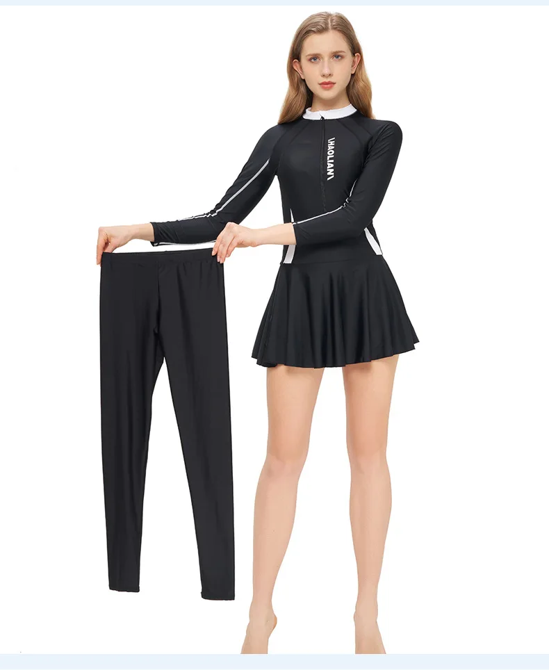 2023 women\'s Wetsuit Long Sleeved Slim And Thin Sunscreen Conservative One-piece Skirt Swimsuit