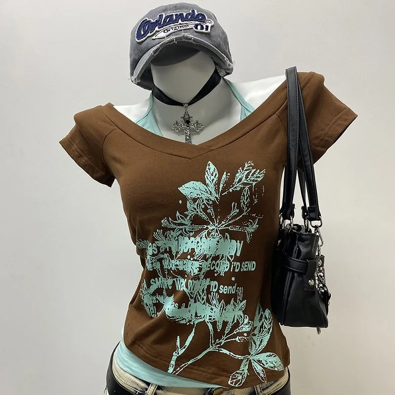 Fake Two Piece 2000s Aesthetic Goth E-girl T-shirt Retro Y2K Grunge Brown Flower Crop Tops Graphic Print Short Sleeve Tee Women