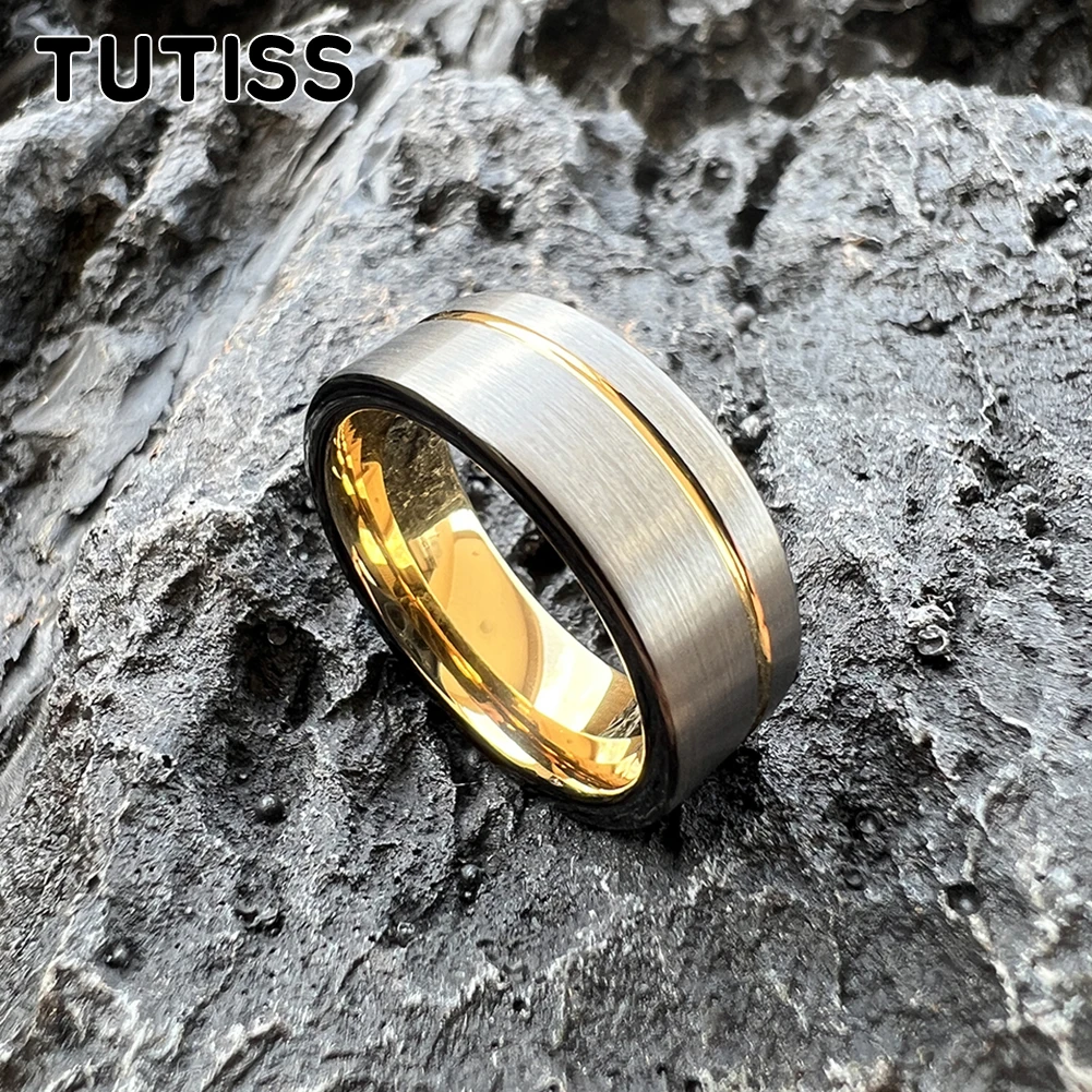 TUTISS Fashion 6MM 8MM Men Women Gold Color Tungsten Carbide Wedding Ring Brush Surface Offset Groove Comfort Fit