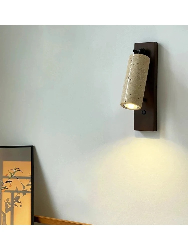 Led Wall Lamp Stone Reading Spot Light Bedroom Bedside Walnut Wood Vintage Lighting Background Adjustable Angle Spotlights