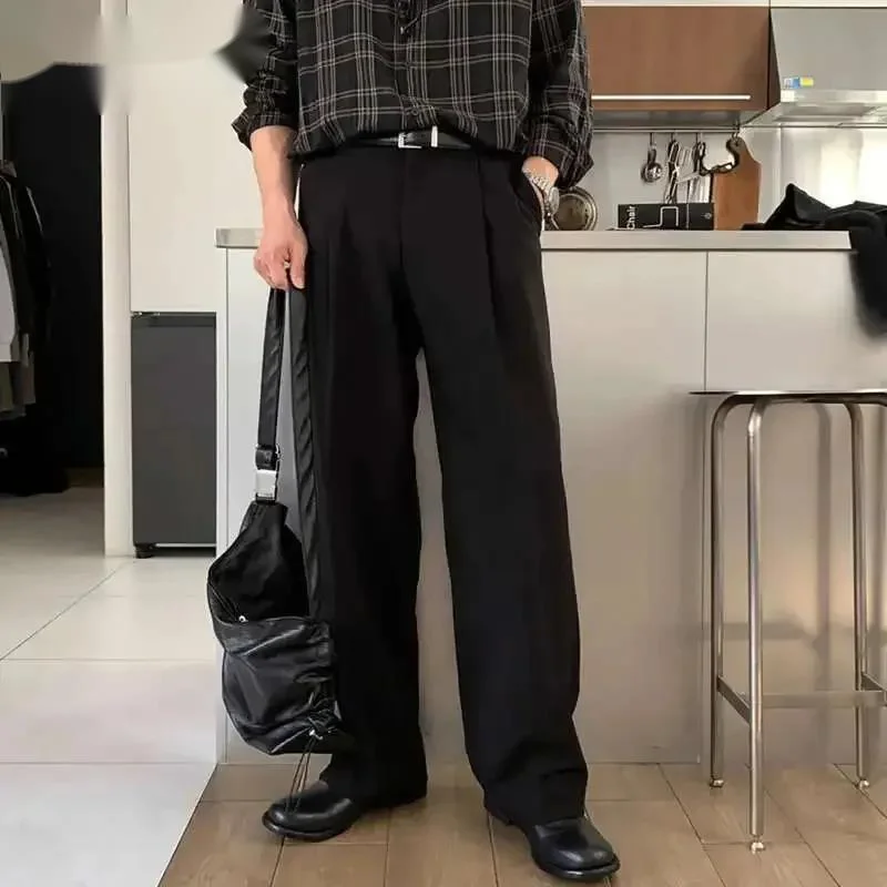 Solid Color Men's Casual Pants Pleated Design Korean Style Loose Bottom New Trendy Straight Wide Leg Male Trousers 9JIGM