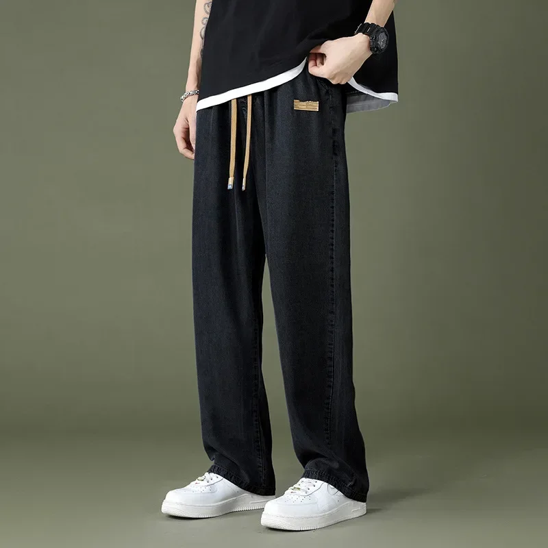 Japanese Style Men Fashion Tencel Jeans for Young People, New Style Super Thin Loose and Drapey Straight Tube Trousers in Summer