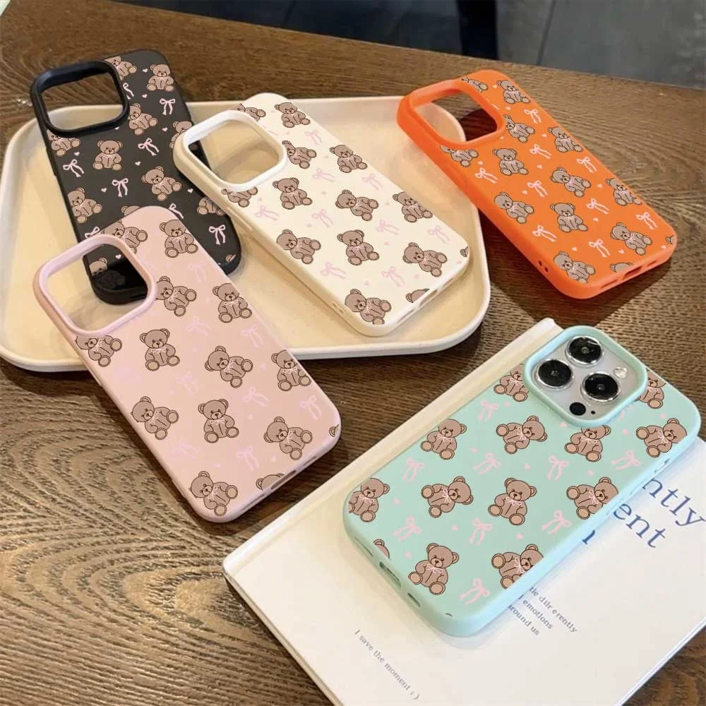 Niedliche Teddybär-Handyhülle mit rosa Schleife für iPhone 17 16 15 14 13 12 11 Pro Max 16 15 Plus XR, Silikon, matt, weich, stoßfest – Detail 3