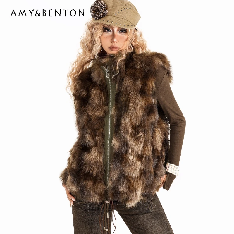 

Vintage Design Gradient Leopard Print Plush Fur Women's Vests 2025 Autumn Winter New Sweet Cool Y2k Eco-Friendly Jackets Ladies