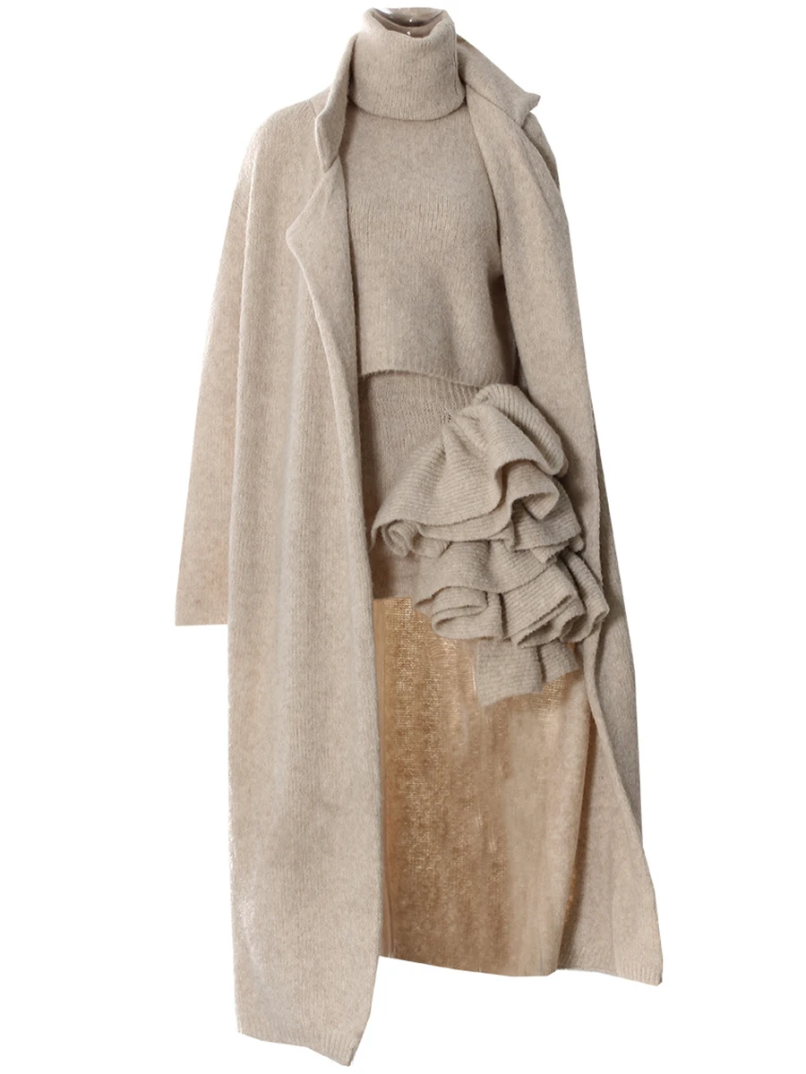 VGH Casual Three Piece Sets For Women Lapel Long Sleeve Coat Turtleneck Sleeveless Top High Waist Skirt Sexy Set Female Fashion