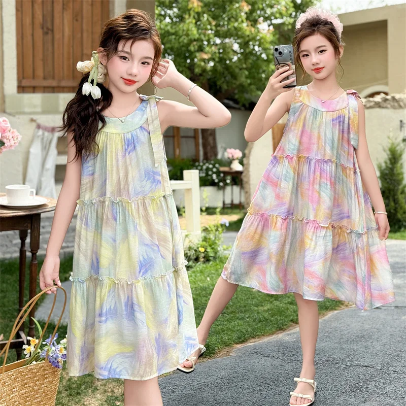 Mädchen Sommerkleid Baby Mädchen Neckholder Ärmelloses Kleid Kind Ölgemälde Druck A-Linie Sommerkleid Kinder Strandkleid