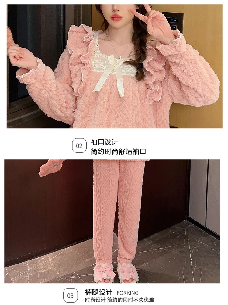 5XL Oversized Thickened Warm Flannel Sleepwear Coral Fleece Pajama Set Korean Sweet Flannel Homewear Loose Top and Trouser Suit