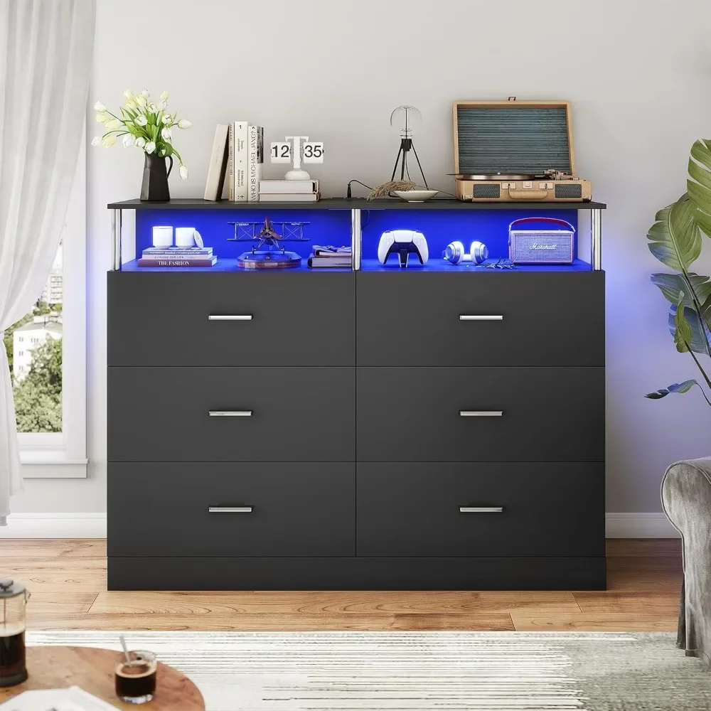 Bedroom Black Dress with 6 Drawers, Dressing Table and Drawer Box with Pillar Design and Charging Station,bedroom Wardrobe Dress