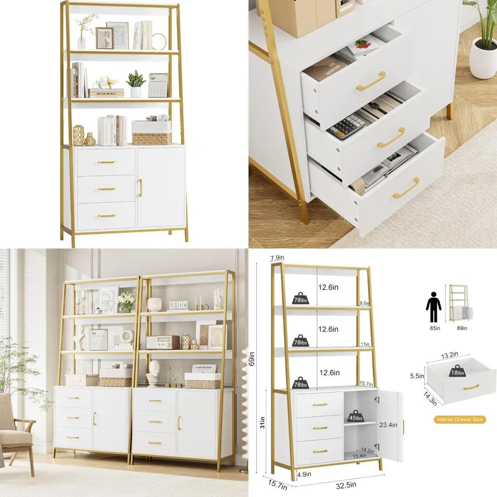 

4-Tier White Gold Bookshelf with Wooden Drawers and Ladder Shelves, Freestanding Kitchen Storage Cabinet