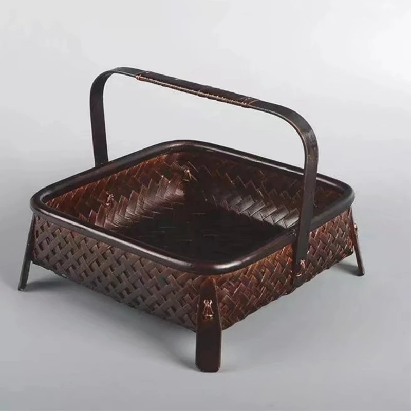 Bamboo Woven Storage Basket, Hand-Made Retro Bamboo Woven Retro Dried Fruit Tea Set Box,Kitchen Interior,Household Items