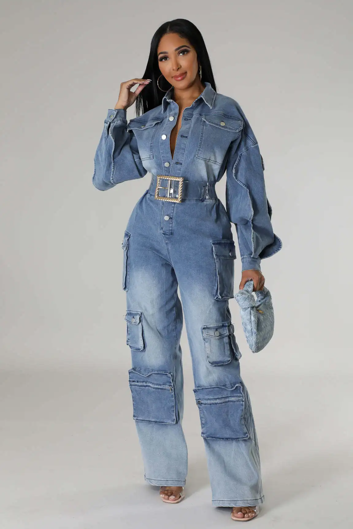 Women'S Jumpsuit Winter Fashion Long Sleeve Multi-Pocket Cargo Pants Denim Jumpsuit Casual Straight Wide-Leg Pants Jean Jumpsuit