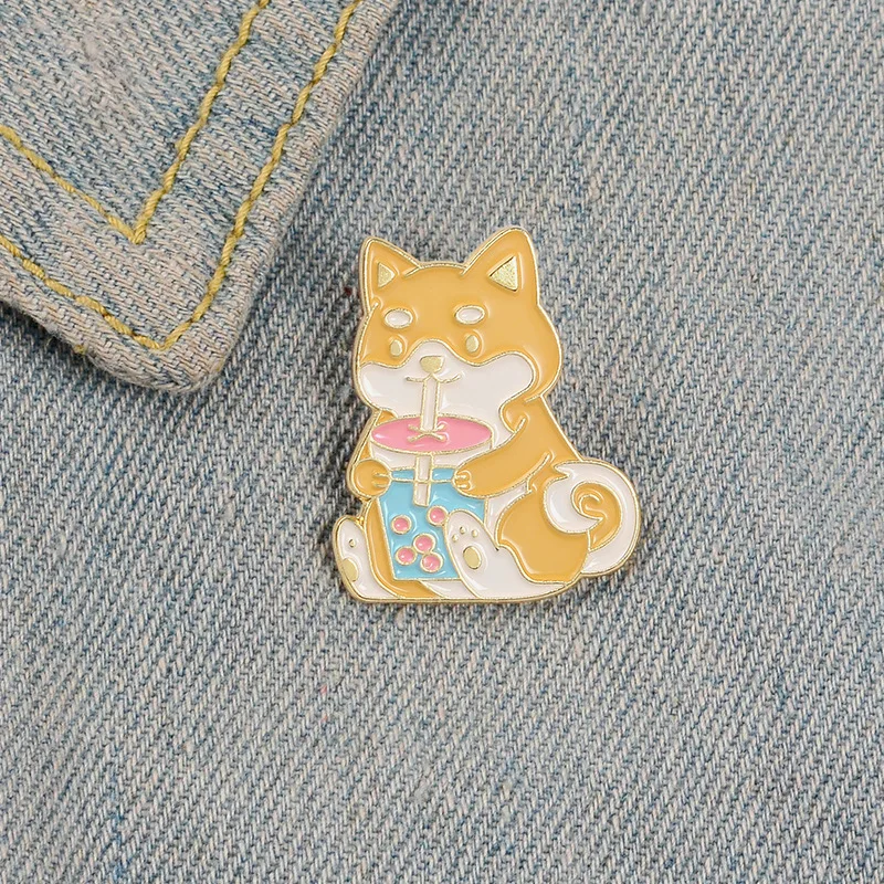 Brooches Cartoon Dogs Drinking Bubble Tea Summer Juice Enamel Pins Kids Animals Badges Jewelry Gift for Friends Super Cute Corgi