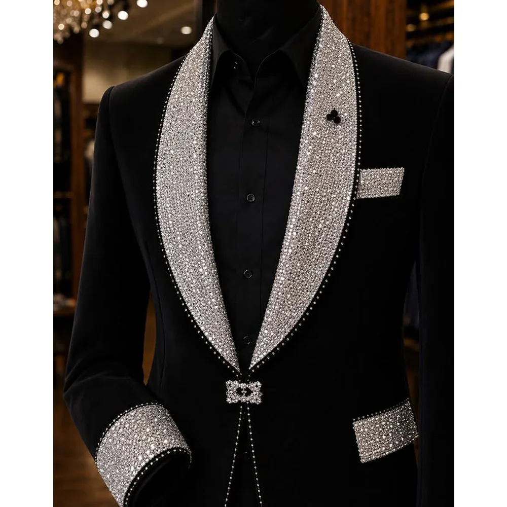 Formal Men's Luxury Crystal Suit Set 2 Pieces Jackt Pants Wedding Groom Sets Double Breasted Slim Fit Tuxedo Host Costumes