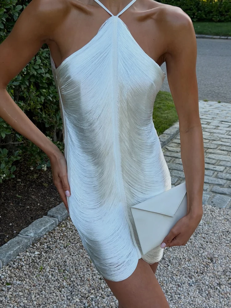 Chic Textured Satin Halter Neck Mini Dress For Women Luxury Ruched Bodycon Short Skirt Summer Backless Club Night Out Dresses view 6